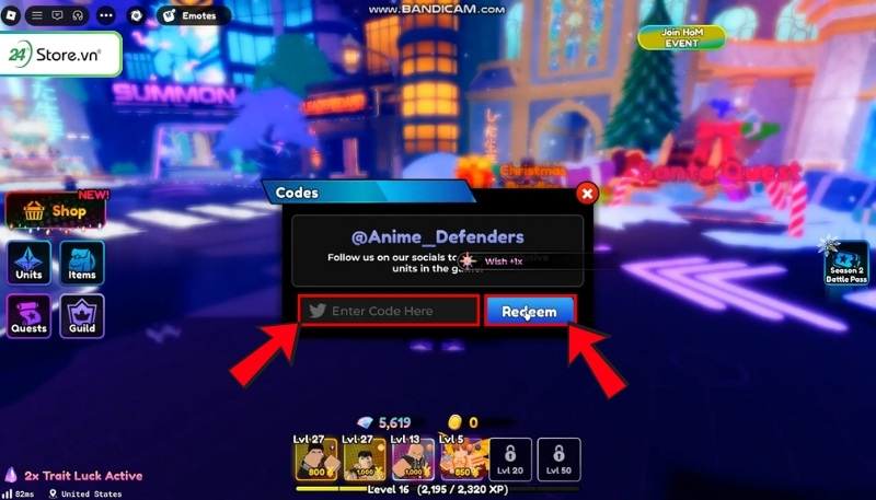 Cách nhập code Anime Defenders phòng thủ B3