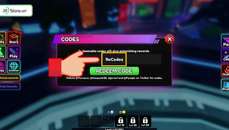 Cách nhập mã qua Anime Vanguards