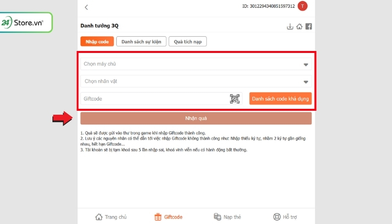nhập code game Danh Tướng 3Q
