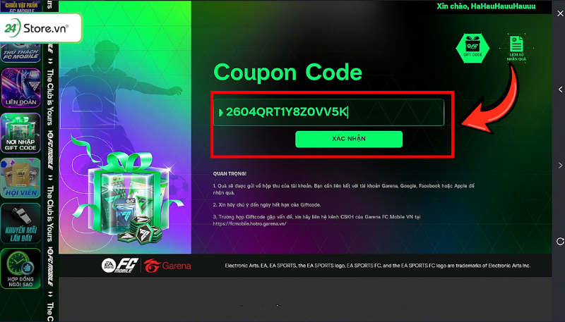 Cách nhập Code FC Mobile VN bước 3