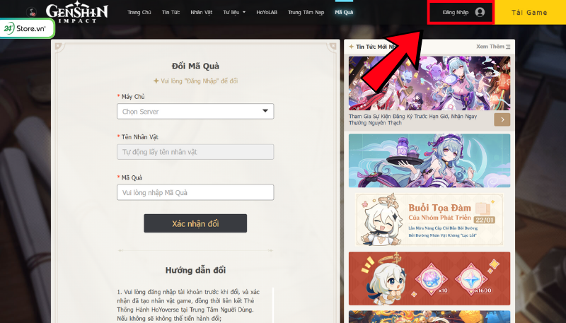 Nhập code Genshin Impact