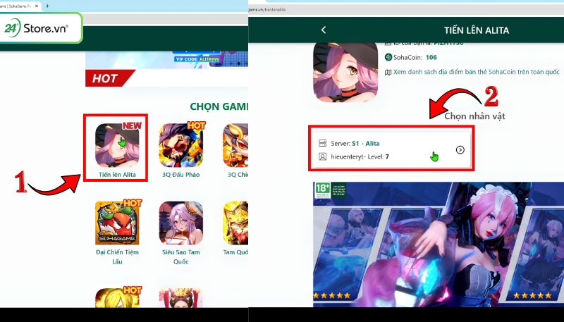 Cách nhập Code Tiến lên Alita bước 1