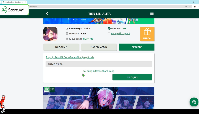 Cách nhập Code Tiến lên Alita bước 3
