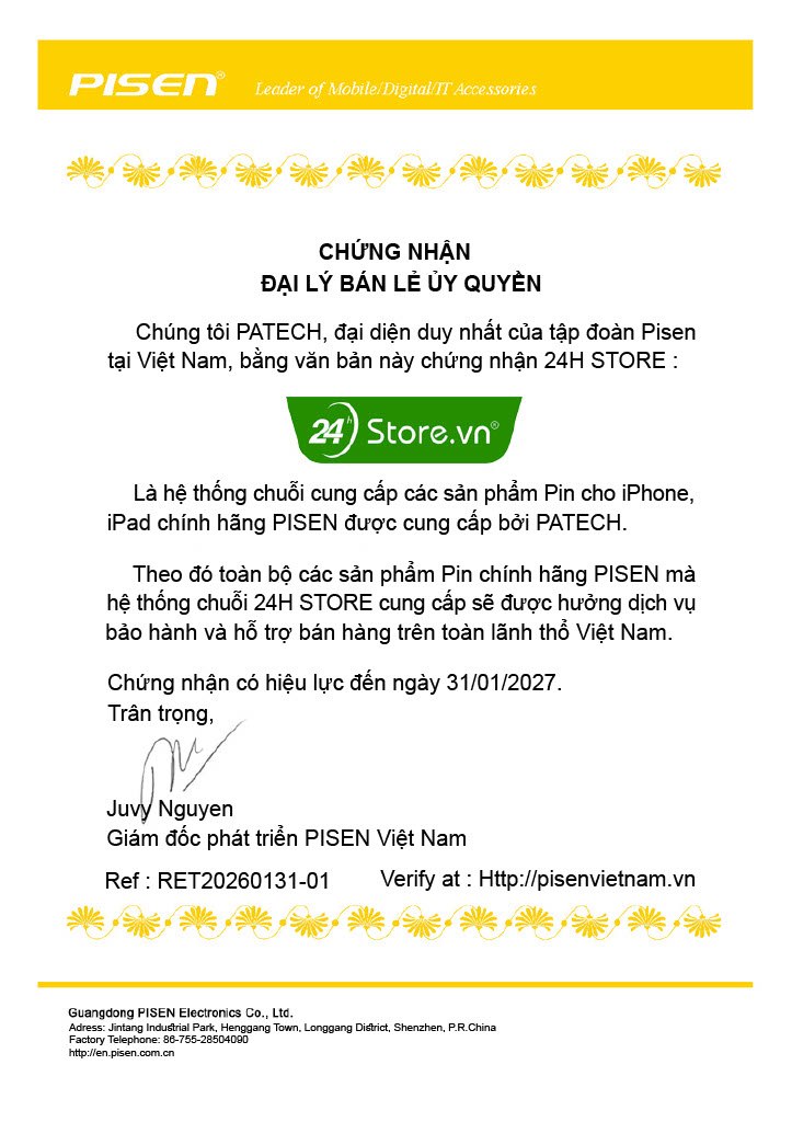 giấy chứng nhận đại l&yacute; b&aacute;n lẻ ủy quyền pin pinsen 24hstore