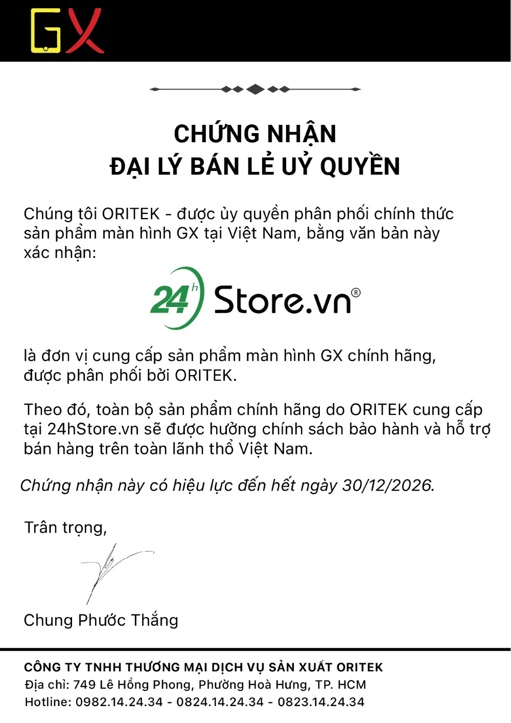 giấy chứng nhận 24hstore l&agrave; đại l&yacute; b&aacute;n lẻ m&agrave;n h&igrave;nh GX