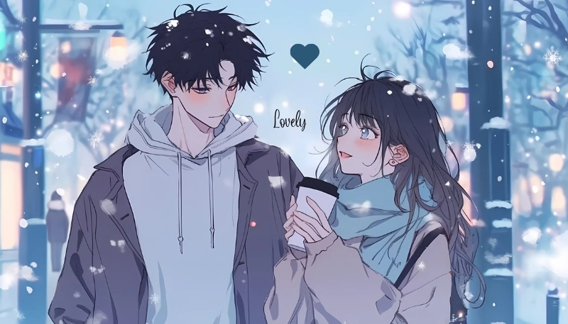 ảnh nền cute có chữ anime cặp đôi ngày tuyết rơi