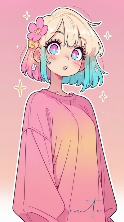 ảnh nền cute có chữ chibi tóc đa sắc