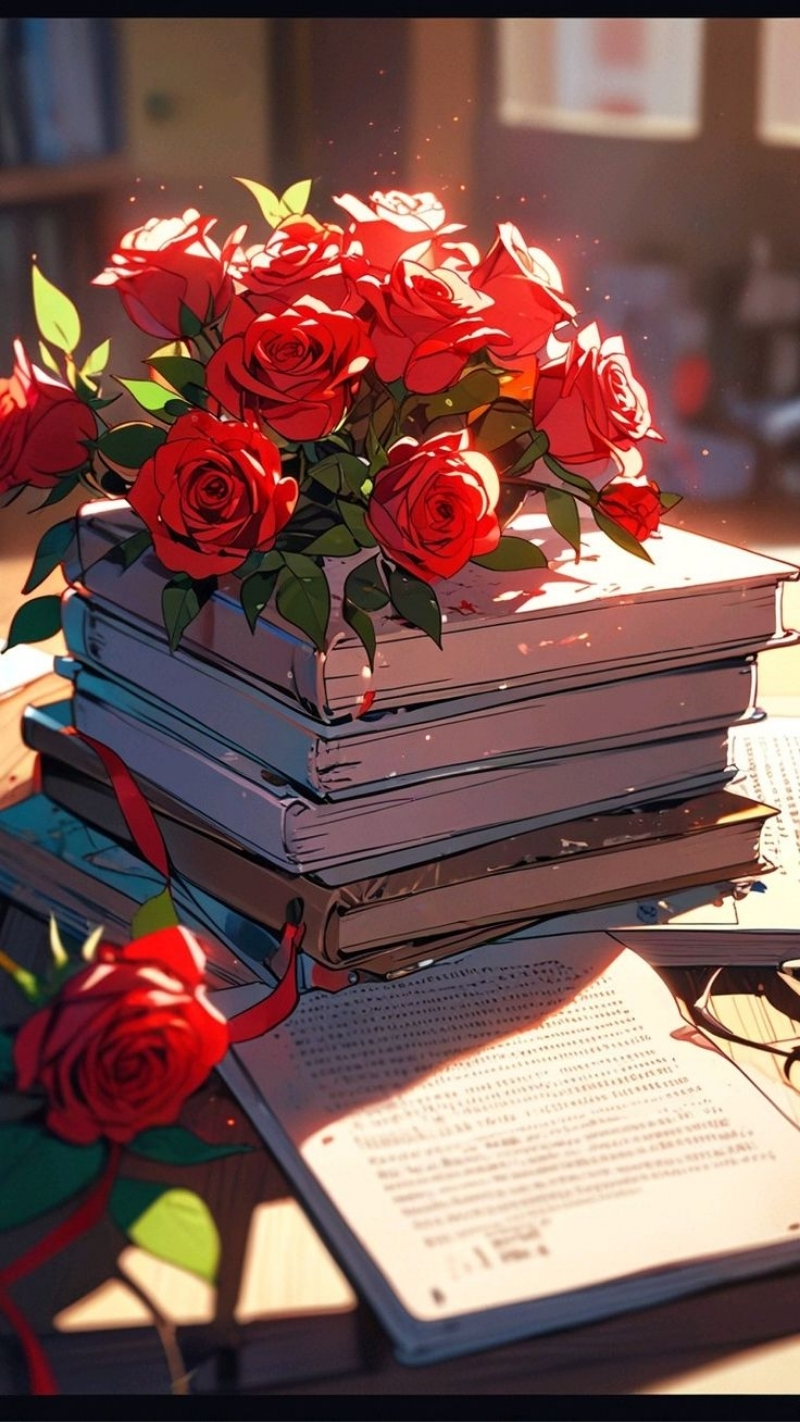 ảnh nền hoa hồng đỏ điện thoại chồng sách hoa hồng