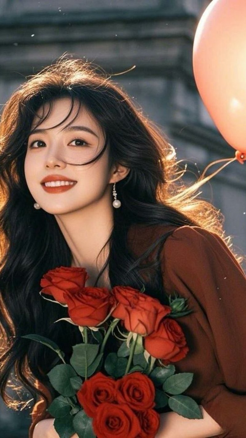 ảnh nền hoa hồng đỏ điện thoại cô gái và bó hoa đẹp