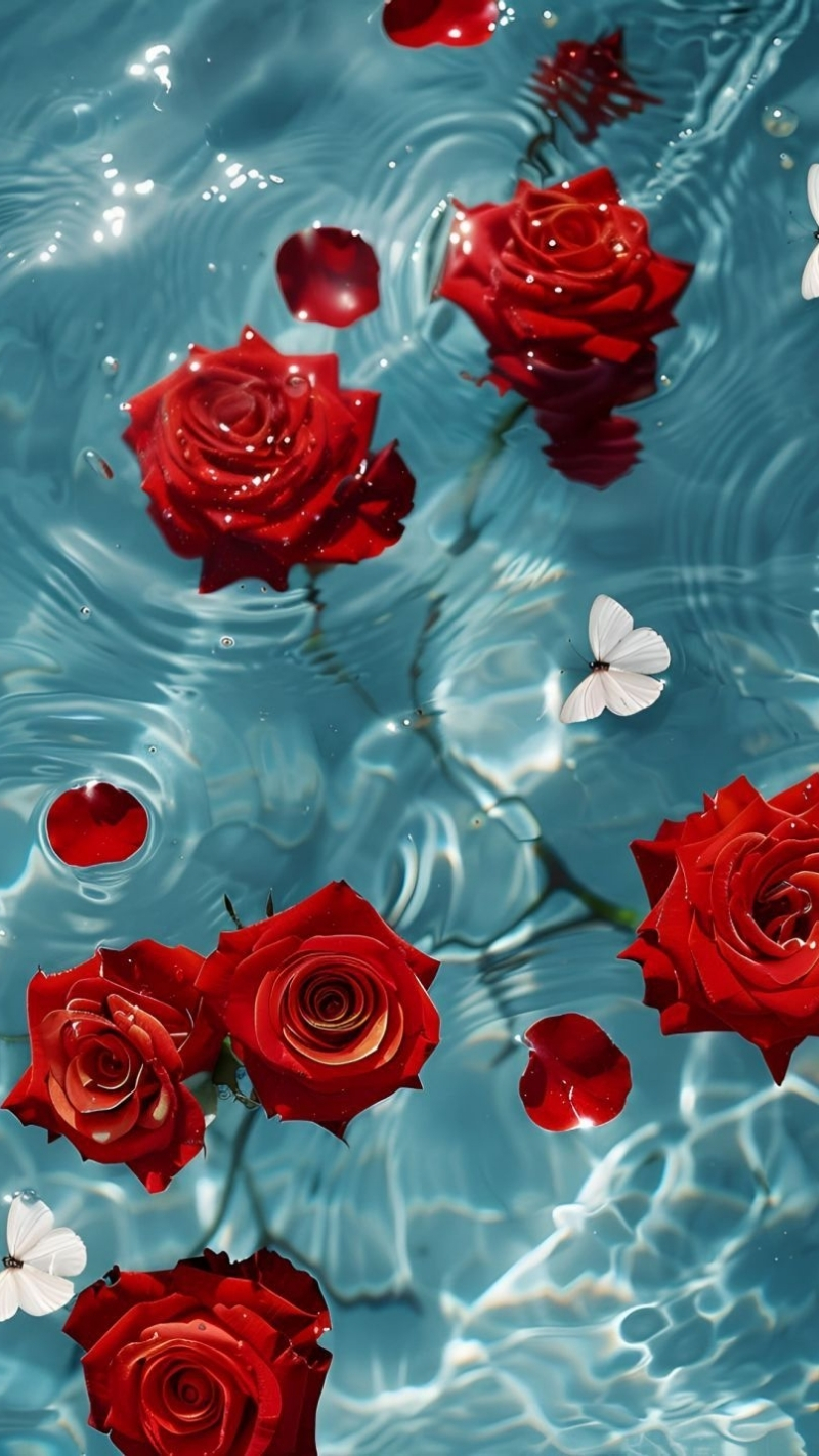 ảnh nền hoa hồng đỏ điện thoại dưới mặt nước xanh