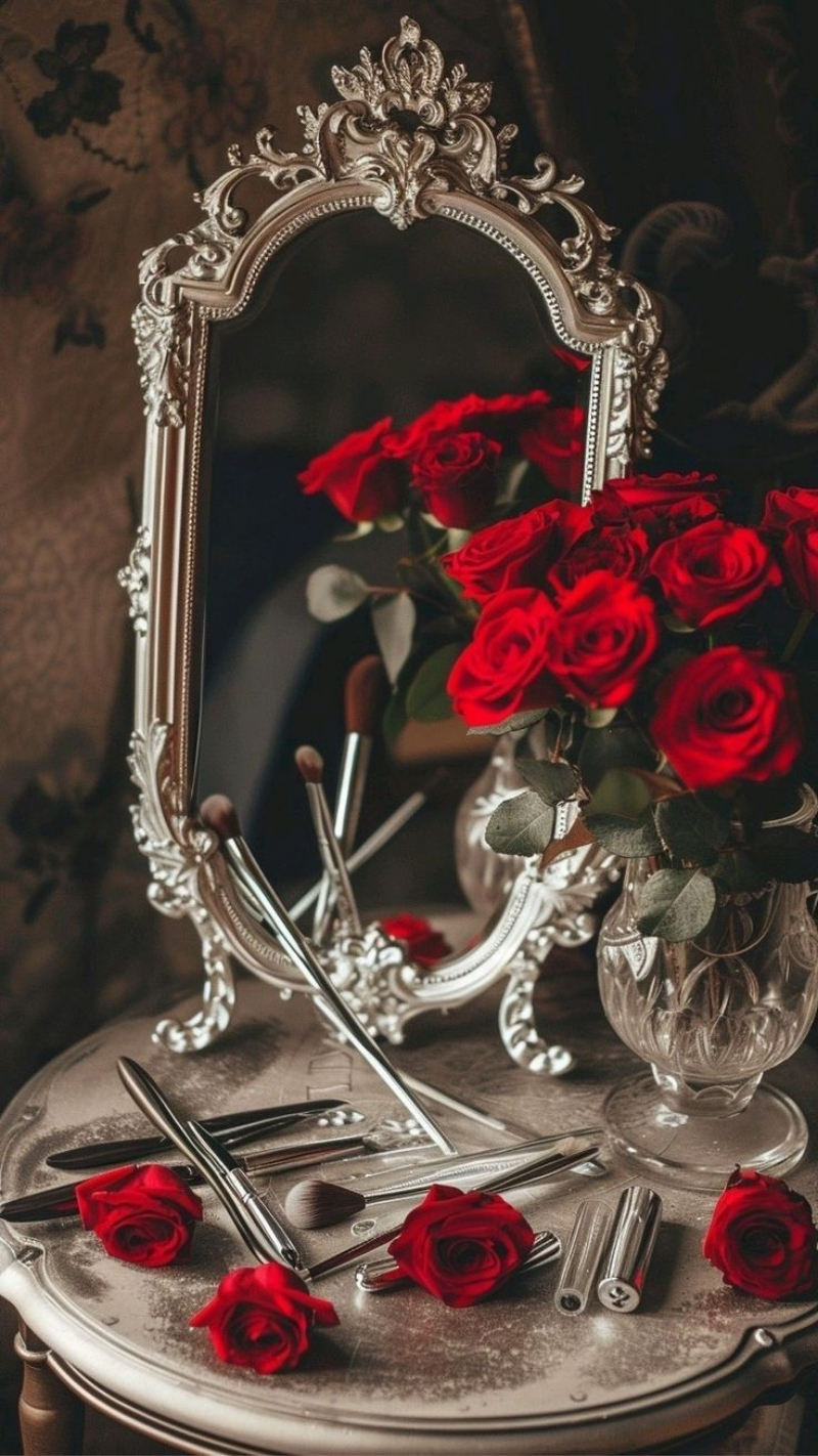ảnh nền hoa hồng đỏ điện thoại gương trang điểm