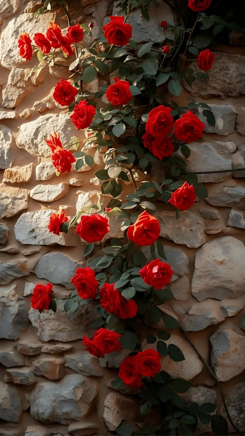 ảnh nền hoa hồng đỏ điện thoại trên tường đá