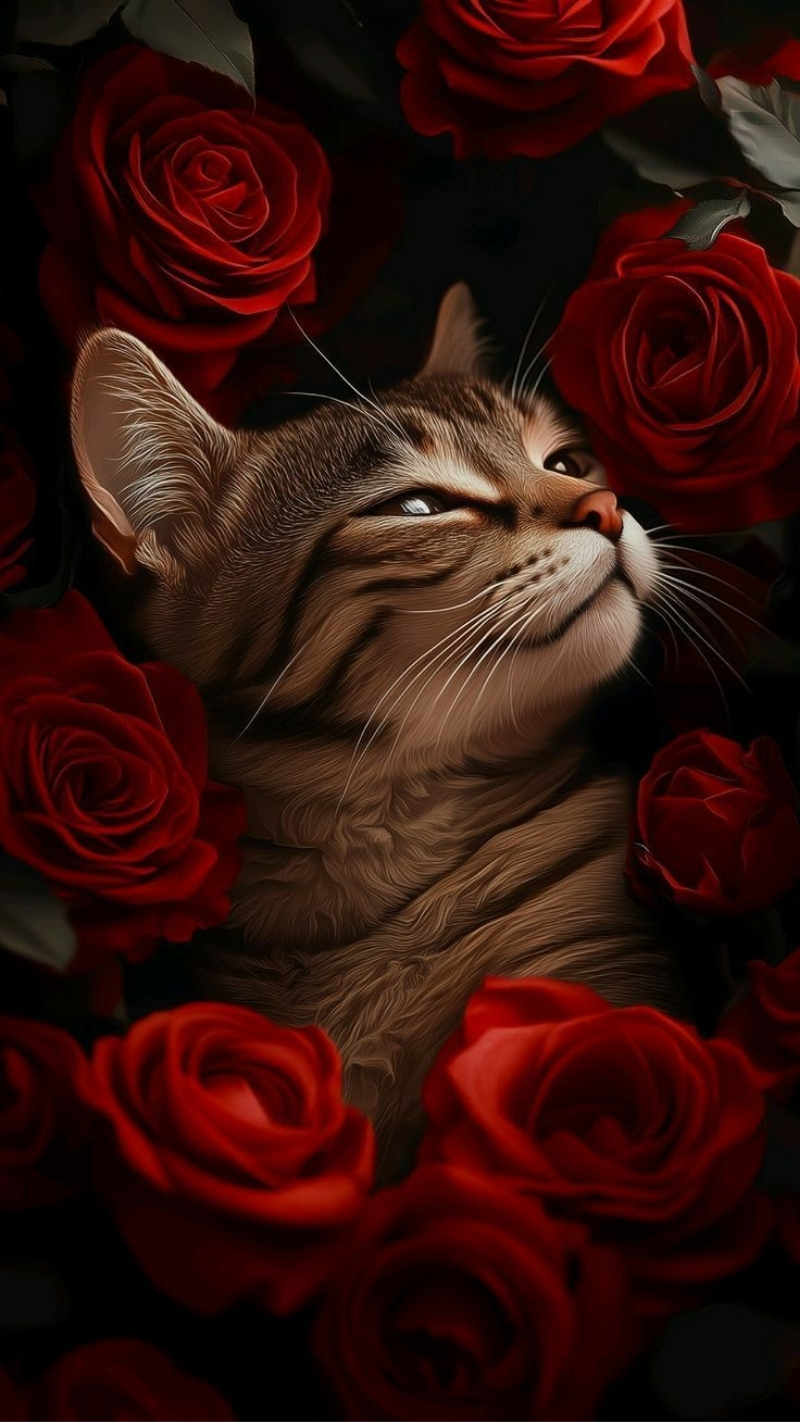 ảnh nền hoa hồng đỏ điện thoại và mèo mềm mại