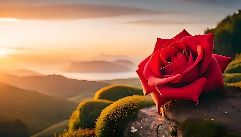 ảnh nền hoa hồng đỏ và núi hùng vĩ