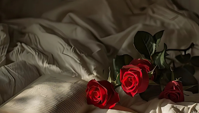 ảnh nền hoa hồng đỏ và sách trên giường