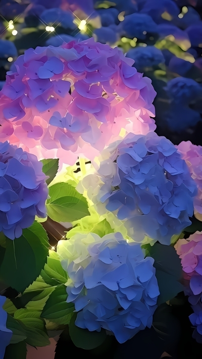 Nền hoa cẩm tú cầu với đèn sáng