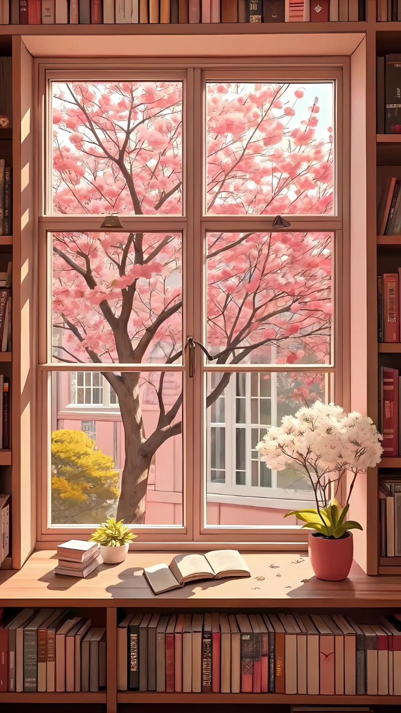 ảnh nền kệ sách màu hồng chảnh lê