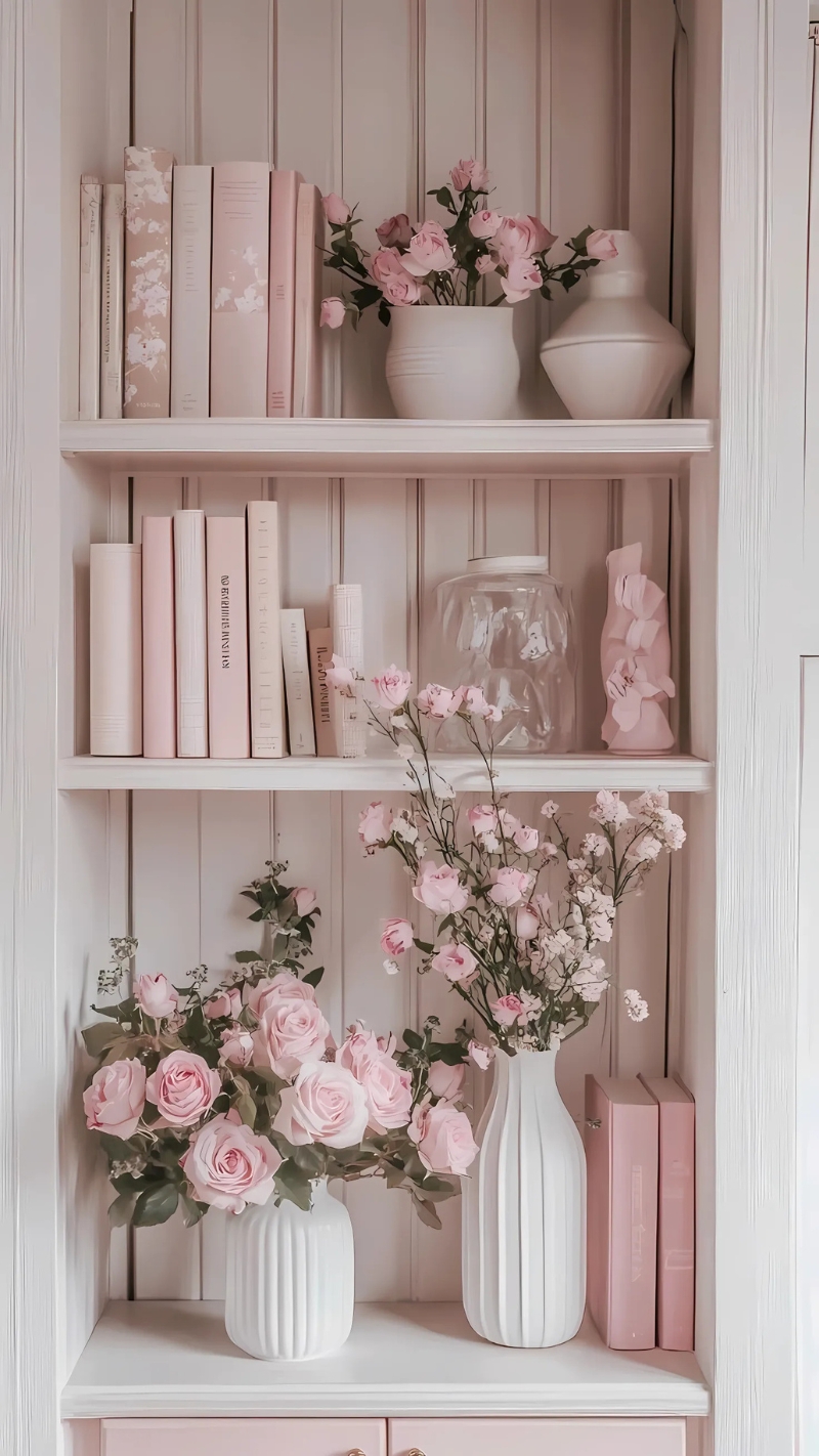 ảnh nền kệ sách màu hồng đẹp lung linh