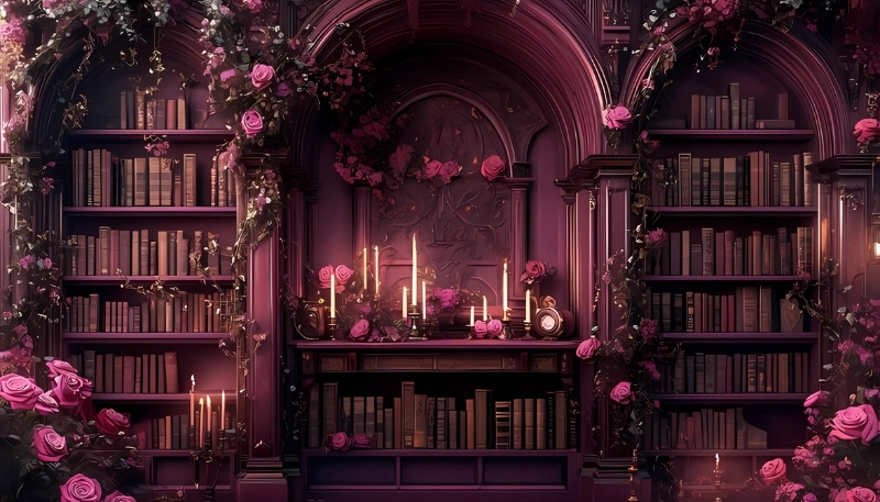 ảnh nền kệ sách màu hồng hoa vàng