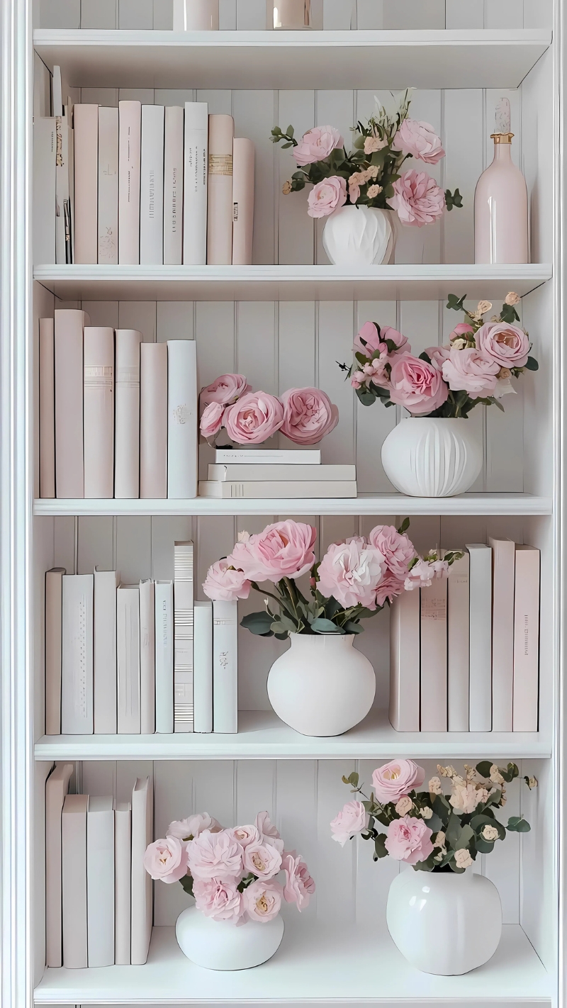 ảnh nền kệ sách màu hồng làm mát