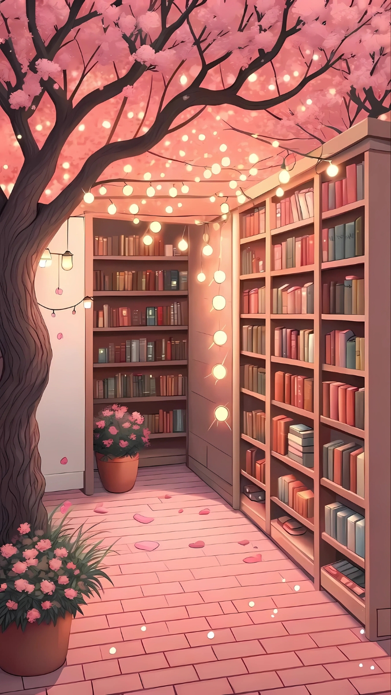ảnh nền kệ sách màu hồng sang chảnh