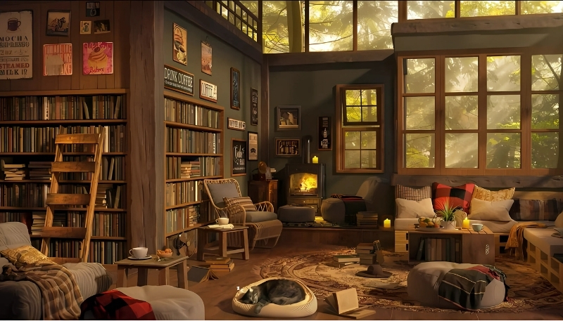 ảnh nền kệ sách màu hồng sang trọng