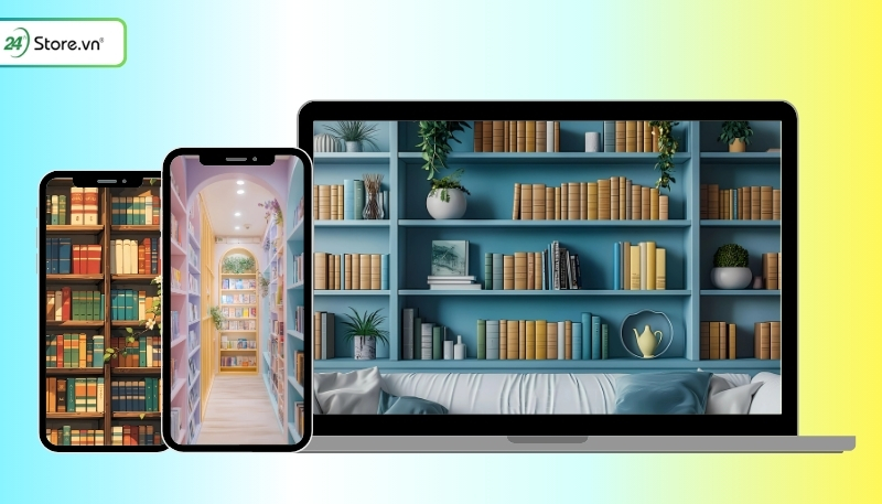 hình nền kệ sách máy tính và điện thoại