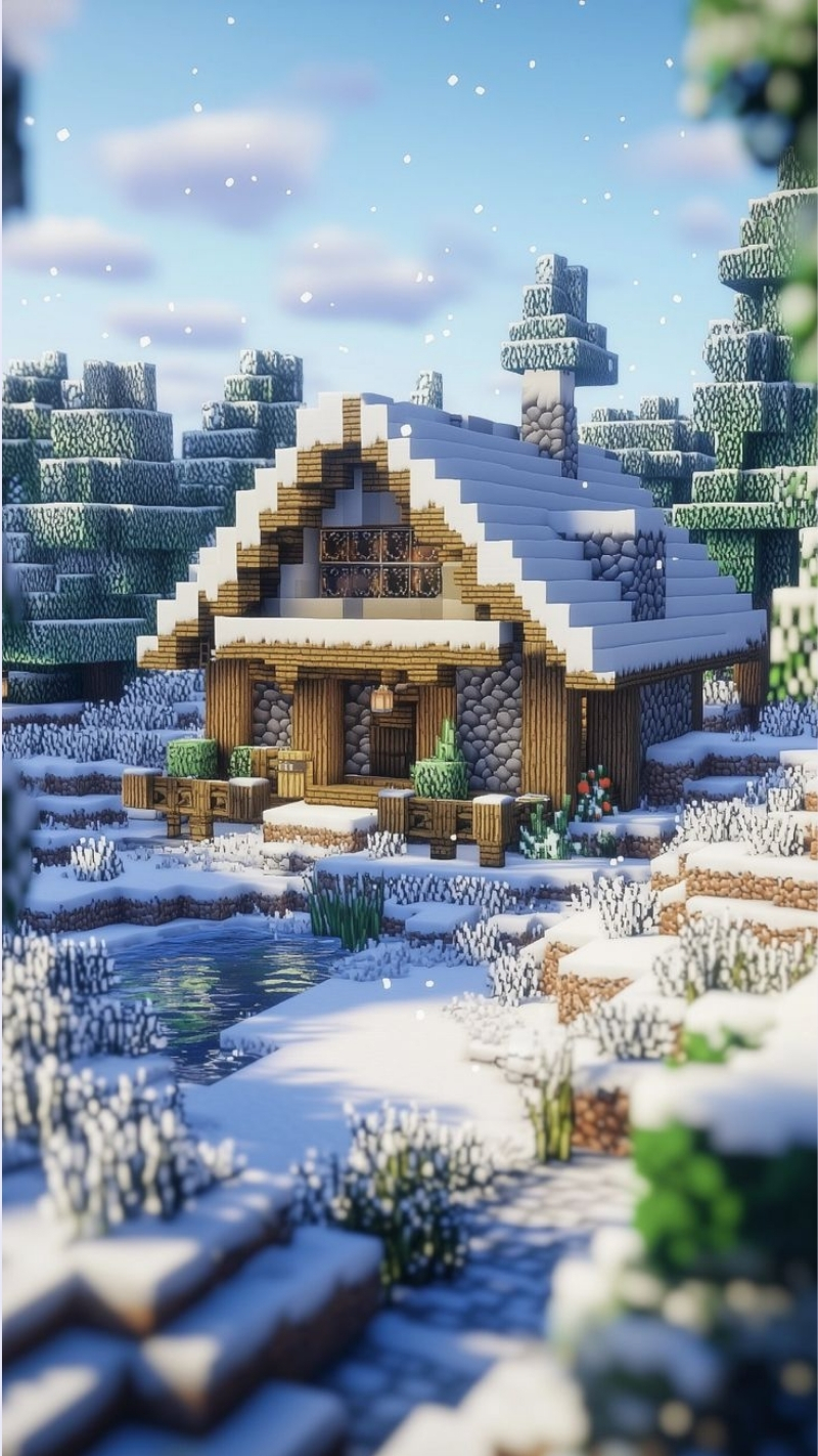ảnh nền nhà minecraft nhà tuyết 4k cực đẹp