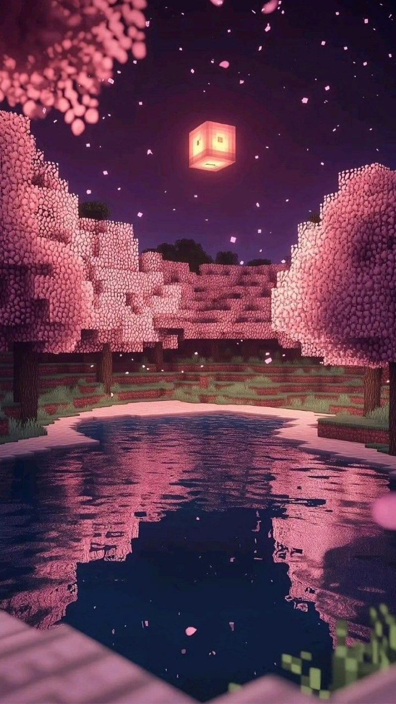 hình minecraft phong cảnh ánh đèn hoa giấy