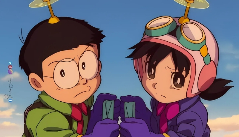 ảnh nền nobita và shizuka cùng chiến đấu