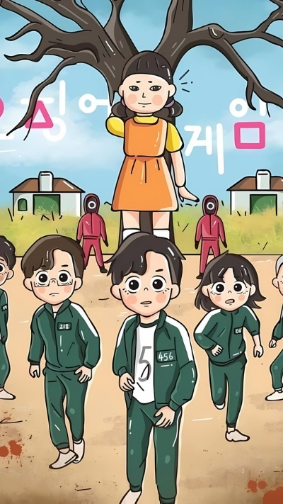 Ảnh nền điện thoại Squid Game chibi ngộ nghĩnh