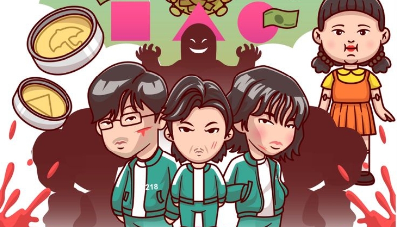 Giao diện nền Squid Game chibi tươi tắn cho desktop