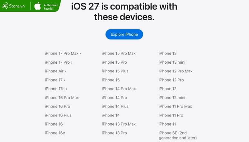 Dòng iPhone được hỗ trợ nâng cấp iOS 27