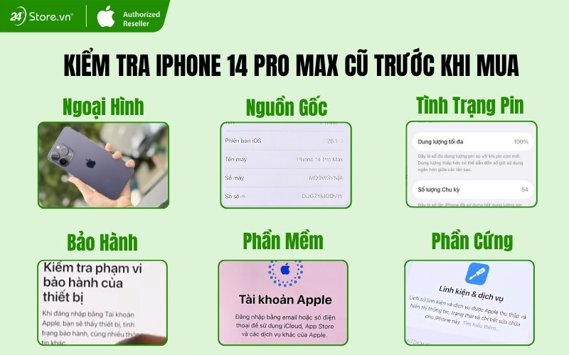 kiểm tra iphone 14 pro max cũ trước khi mua