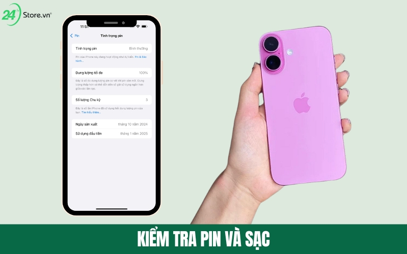 cách kiểm tra pin iphone 16 thường 512gb cũ chính hãng