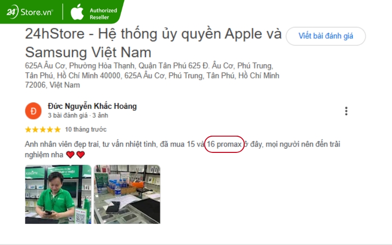 đánh giá của khách hàng trên google maps khi mua iphone 16 pro max cũ