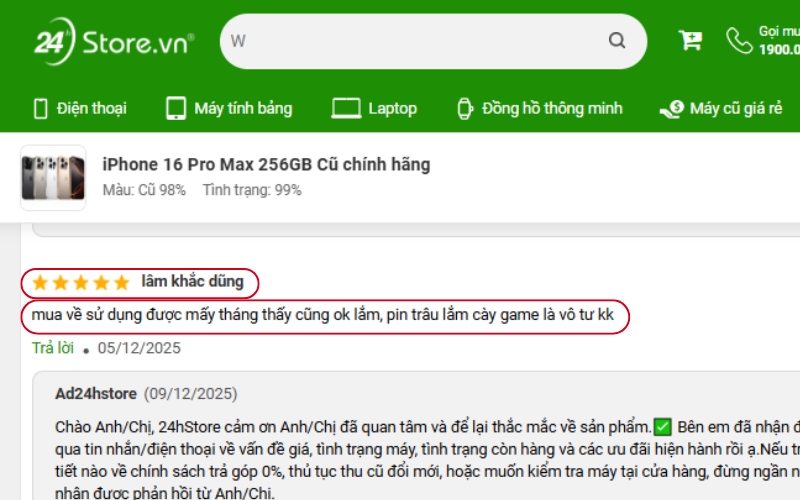 đáng giá trên website của khách hàng về iphone 16 pro max 256gb cũ