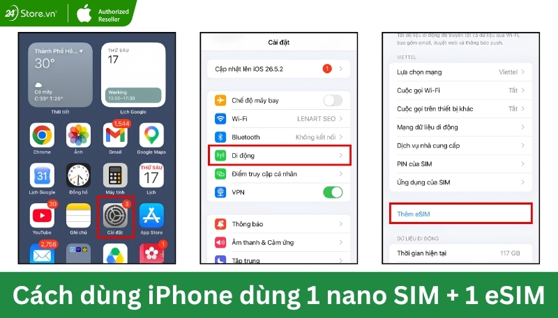 Cách dùng iPhone hỗ trợ 1 SIM vật lý và 1 eSIM B1