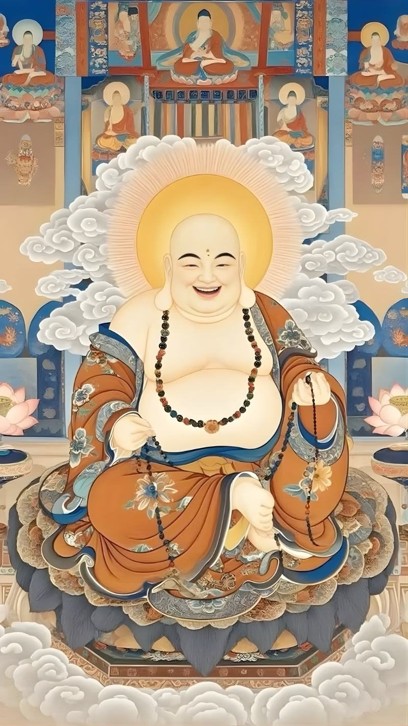 Hình Phật Di Lặc tỏa sáng phúc lạc an vui trên điện thoại