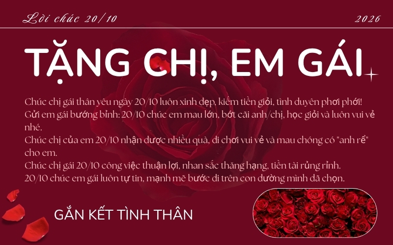 lời chúc 20/10 tặng cho chị em gái
