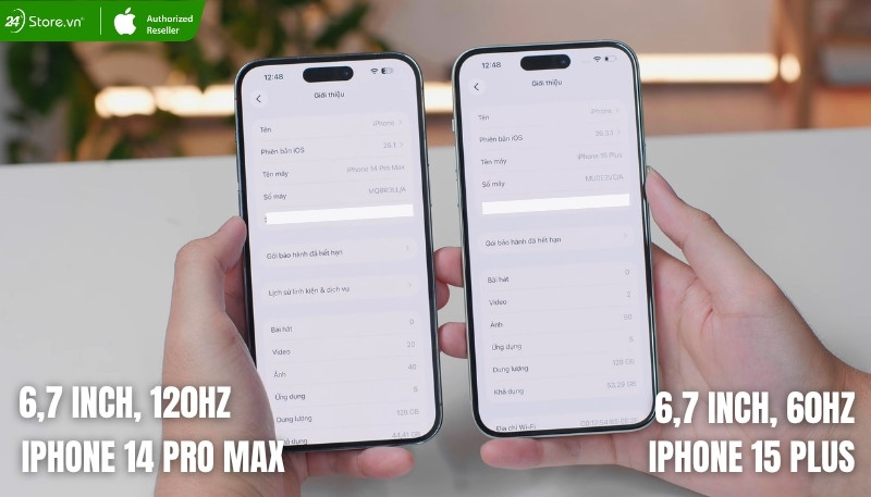 so sánh màn hình iphone 14 pro max và iphone 15 plus