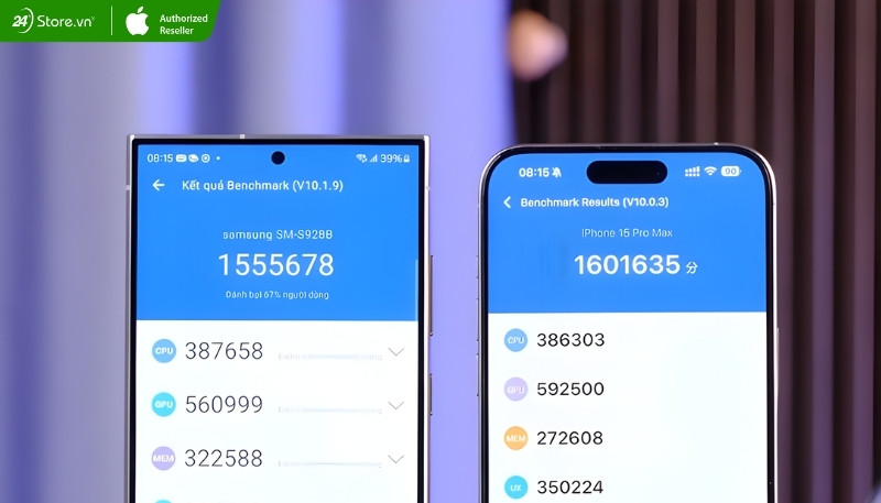 so sánh iphone 15 pro max và galaxy s24 về hiệu năng