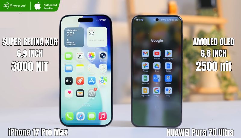 so sánh màn hình iPhone 17 Pro Max và Huawei Pura 70 Ultra