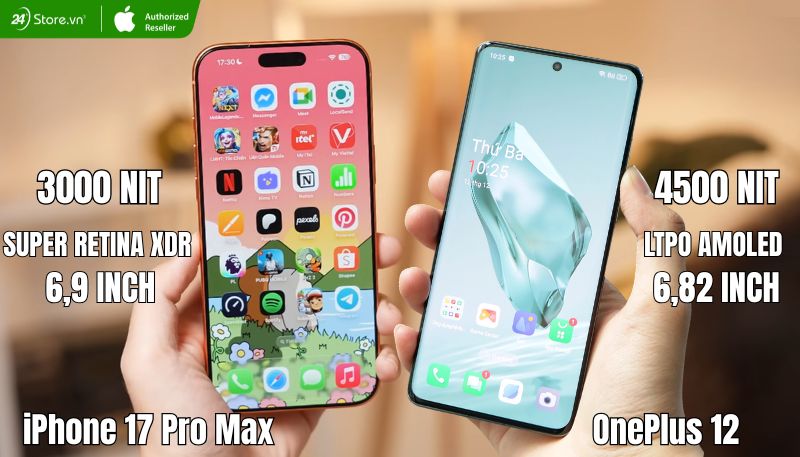 so sánh màn hinh iPhone 17 Pro Max và OnePlus 12