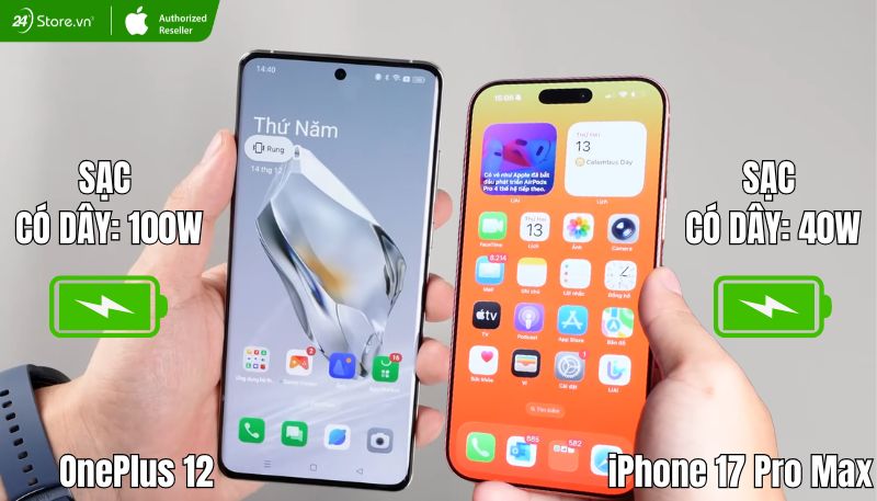 so sánh về pin và sạc OnePlus 12 và iPhone 17 Pro Max