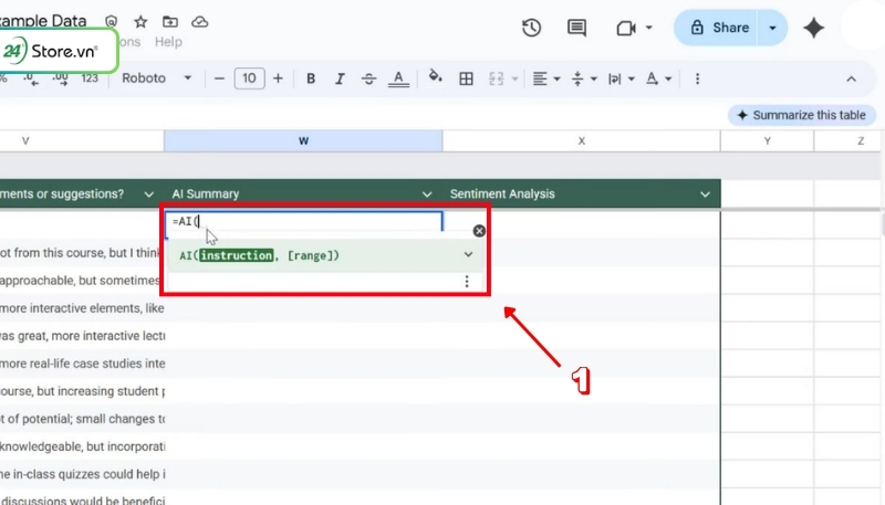 hàm ai trong google sheet tóm tắt nội dung