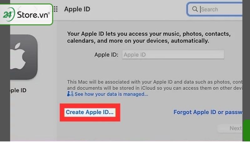 Nhấp vào tùy chọn Create Apple ID
