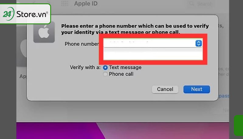 Nhập số điện thoại của bạn và chọn Tiếp theo để Apple xác minh danh tính của bạn