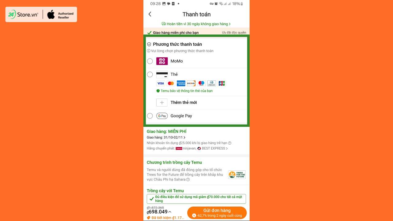 Cách thanh toán đơn hàng trên Temu