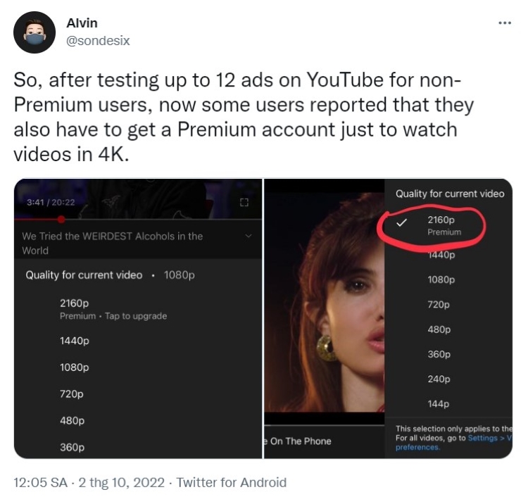 Chia sẻ của người dùng @sondesix về vấn đề Youtube giới hạn độ phân giải